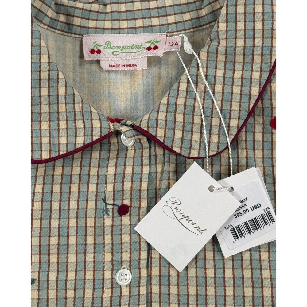 NWT Bonpoint Girls Cherry Embroidered Gingham Dress Long Sleeve 12A - Picture 3 of 9